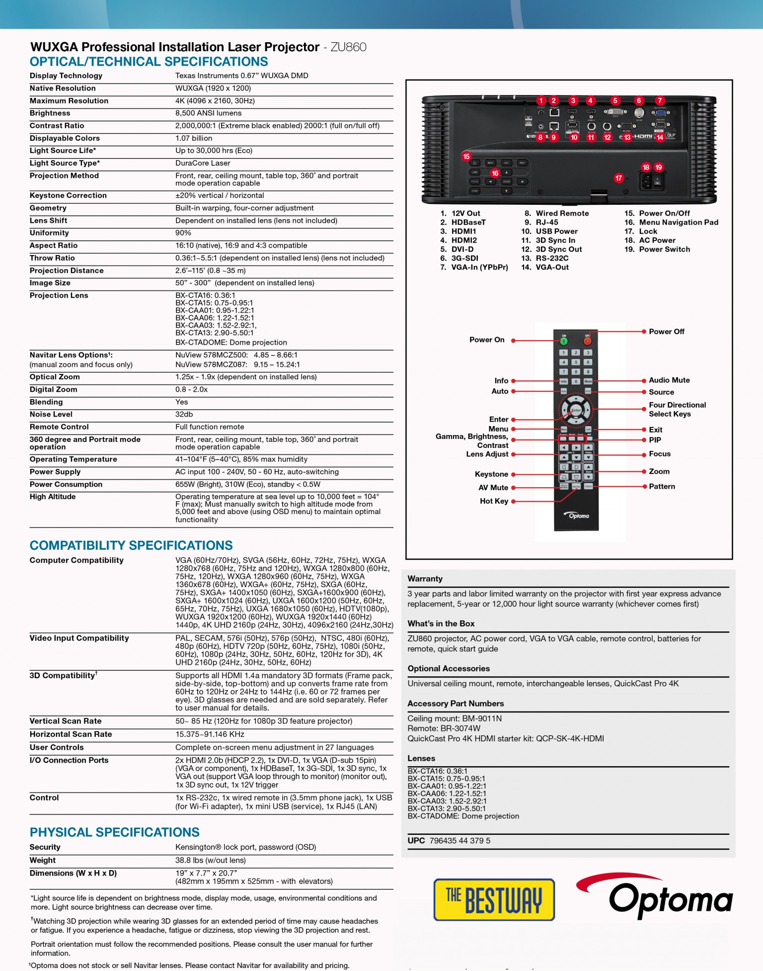 โปรเจคเตอร์ Optoma รุ่น ZU860 ความสว่าง 8,500 ANSI Lumens