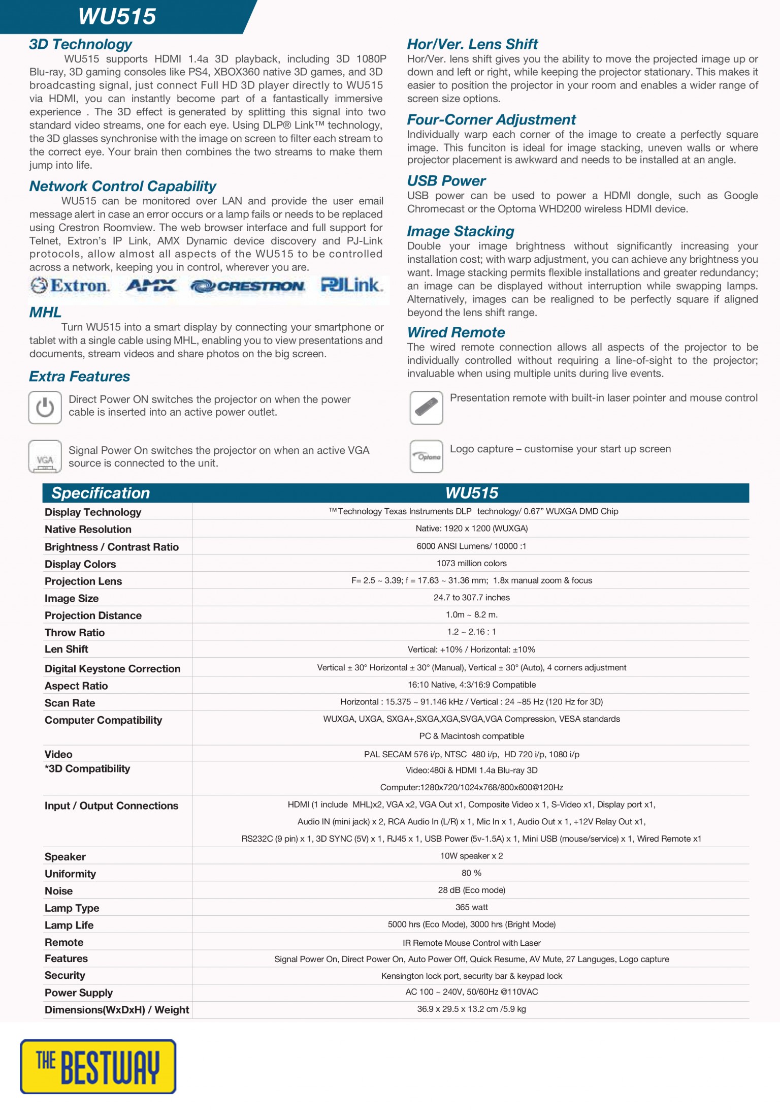 โปรเจคเตอร์ Optoma รุ่น WU515 ความสว่าง 6,000 ANSI Lumens