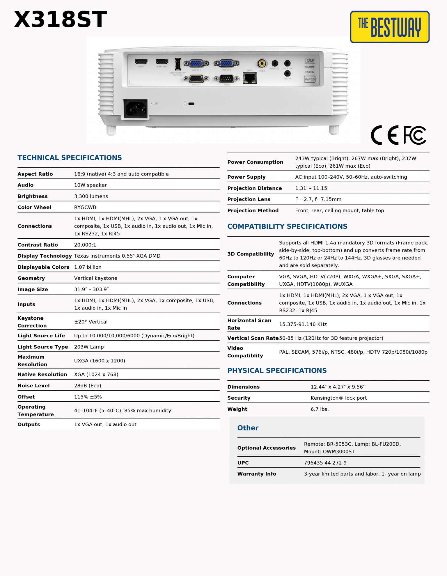 โปรเจคเตอร์ Optoma รุ่น X318ST ความสว่าง 3,300 ANSI Lumens