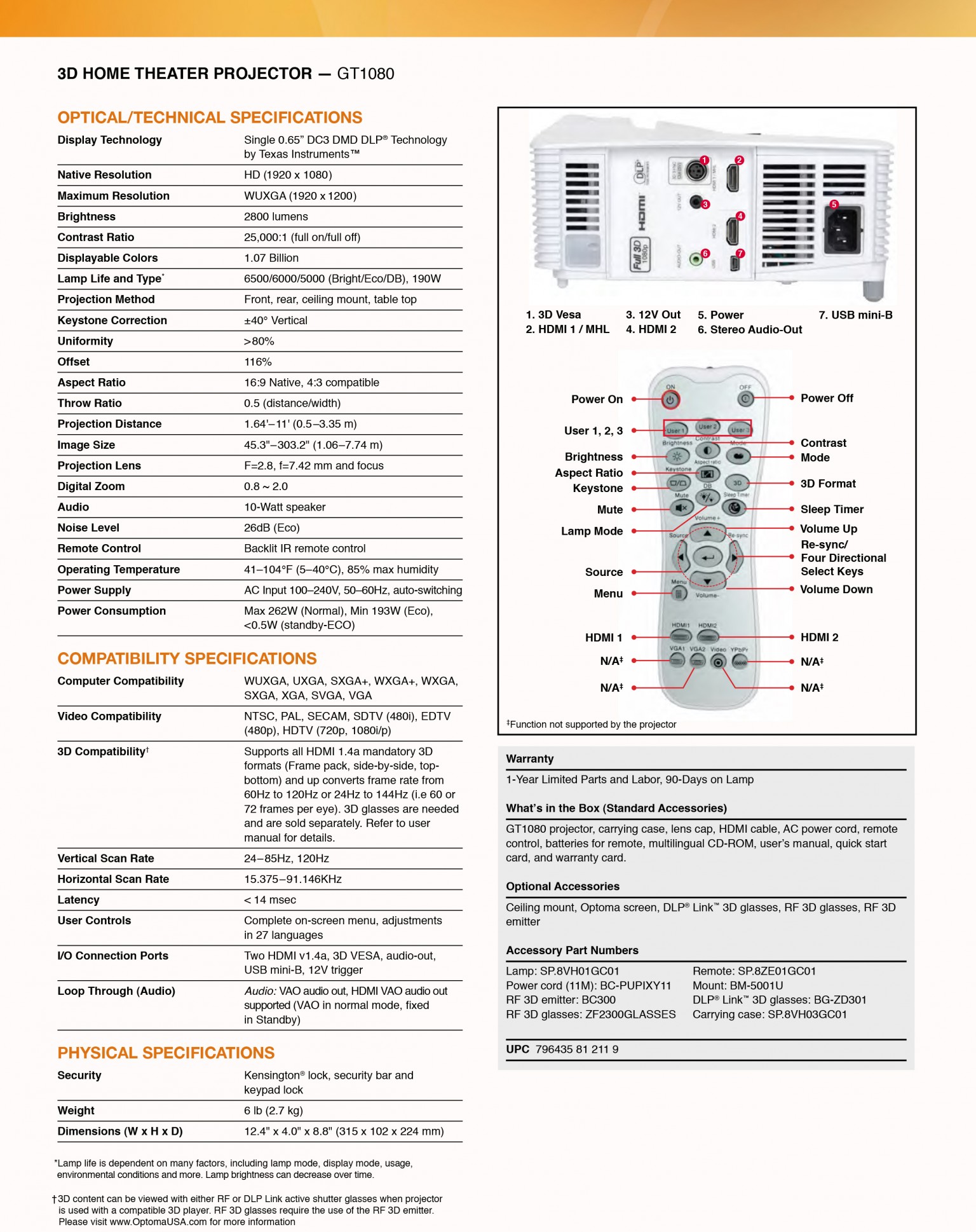 โปรเจคเตอร์ Optoma รุ่น GT1080 ความสว่าง 2,800 ANSI Lumens